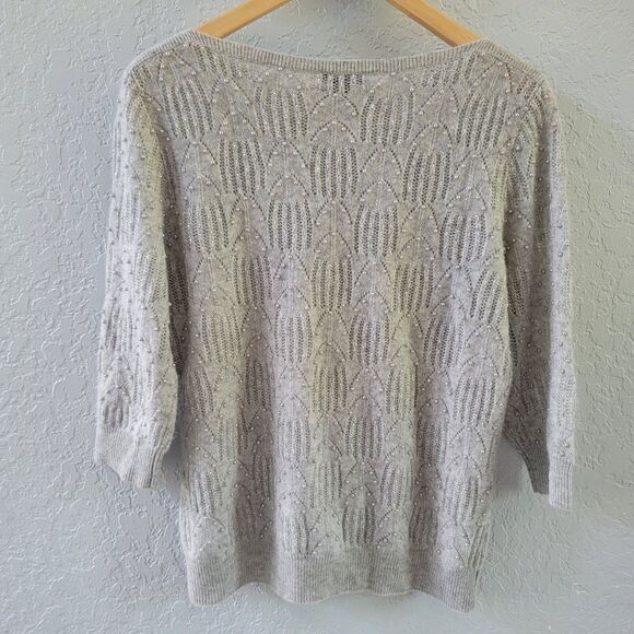 Prive 100% Cashmere Sweater Gray Lace Knit Faux Pearl Beaded Detail 3/4 Sleeve M - Picture 6 of 9